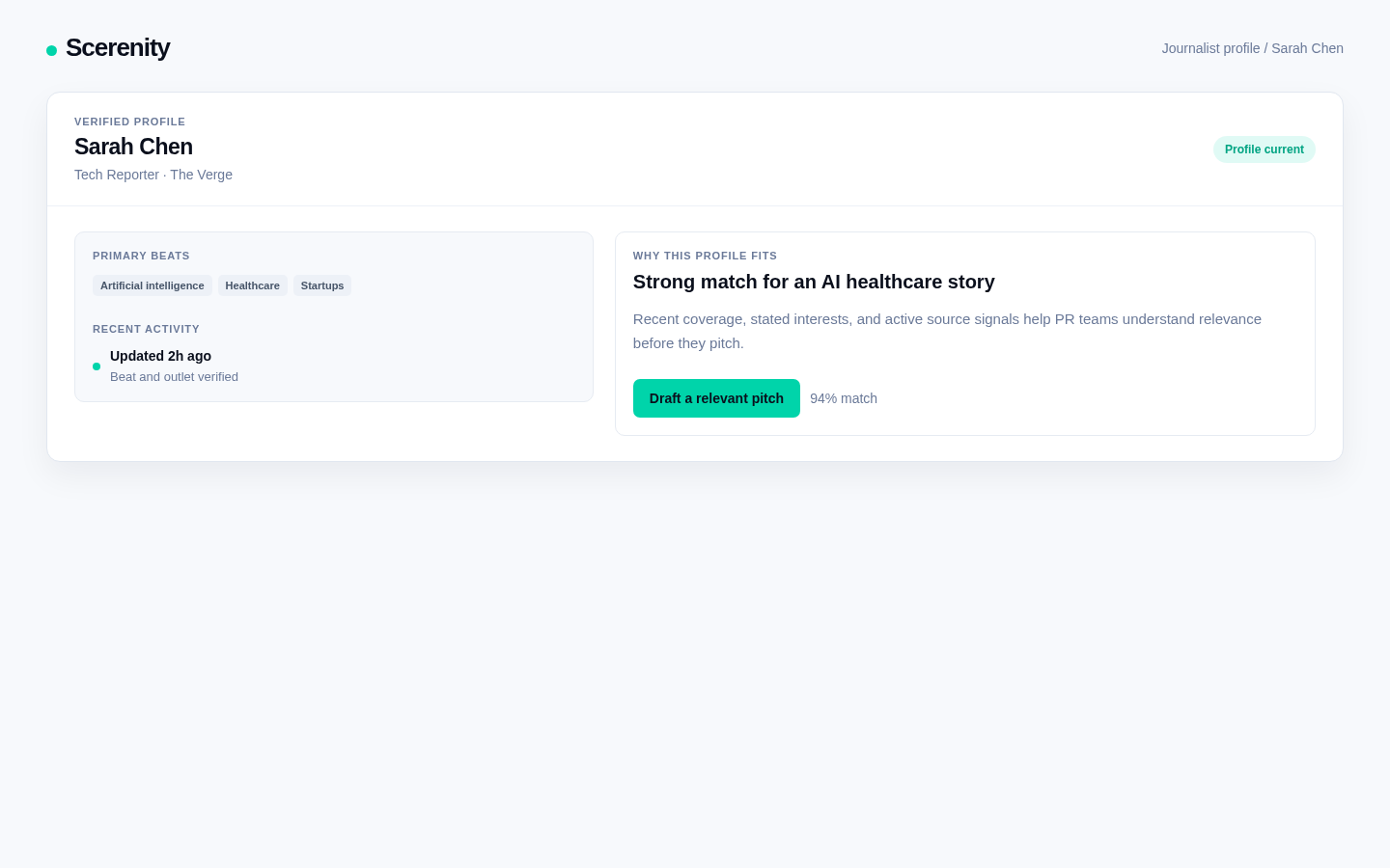 Scerenity journalist profile demo showing beat and activity details